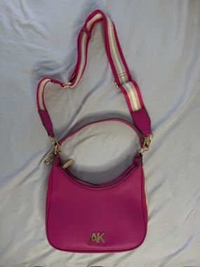 Anne Klein Fuchsia Pebbled Leather Shoulder Bag with Striped Strap